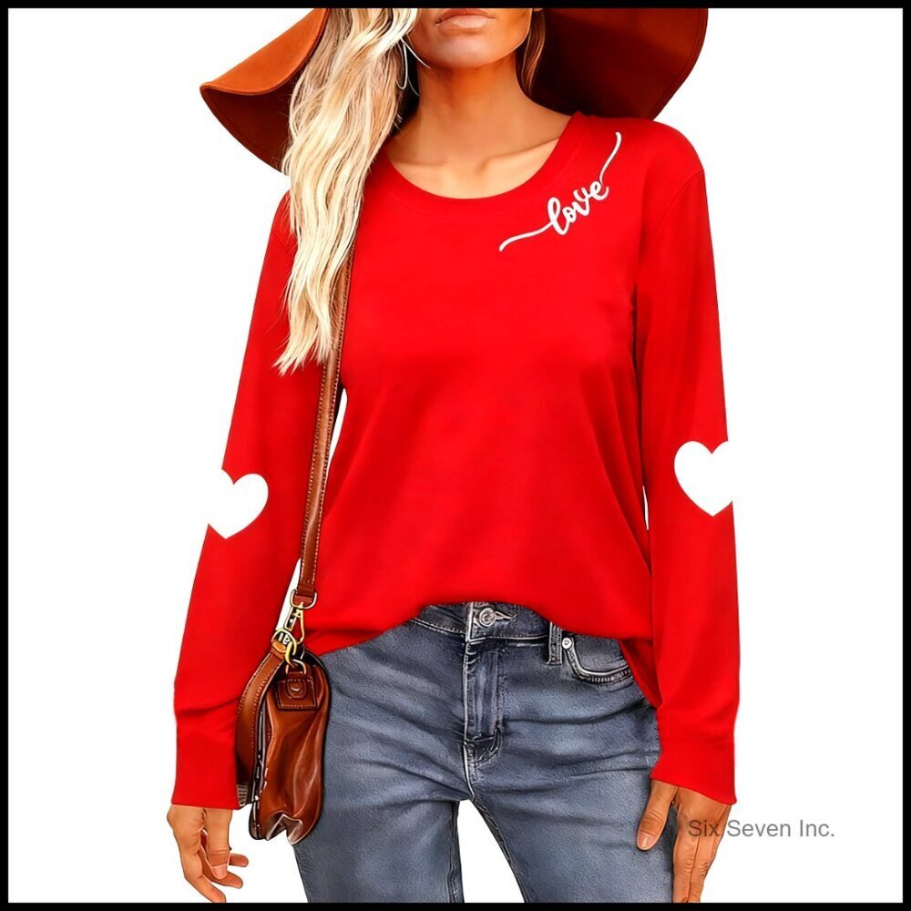 Valentine's Day Graphic Long Sleeve Tee Cute Heart Print Casual T-Shirt